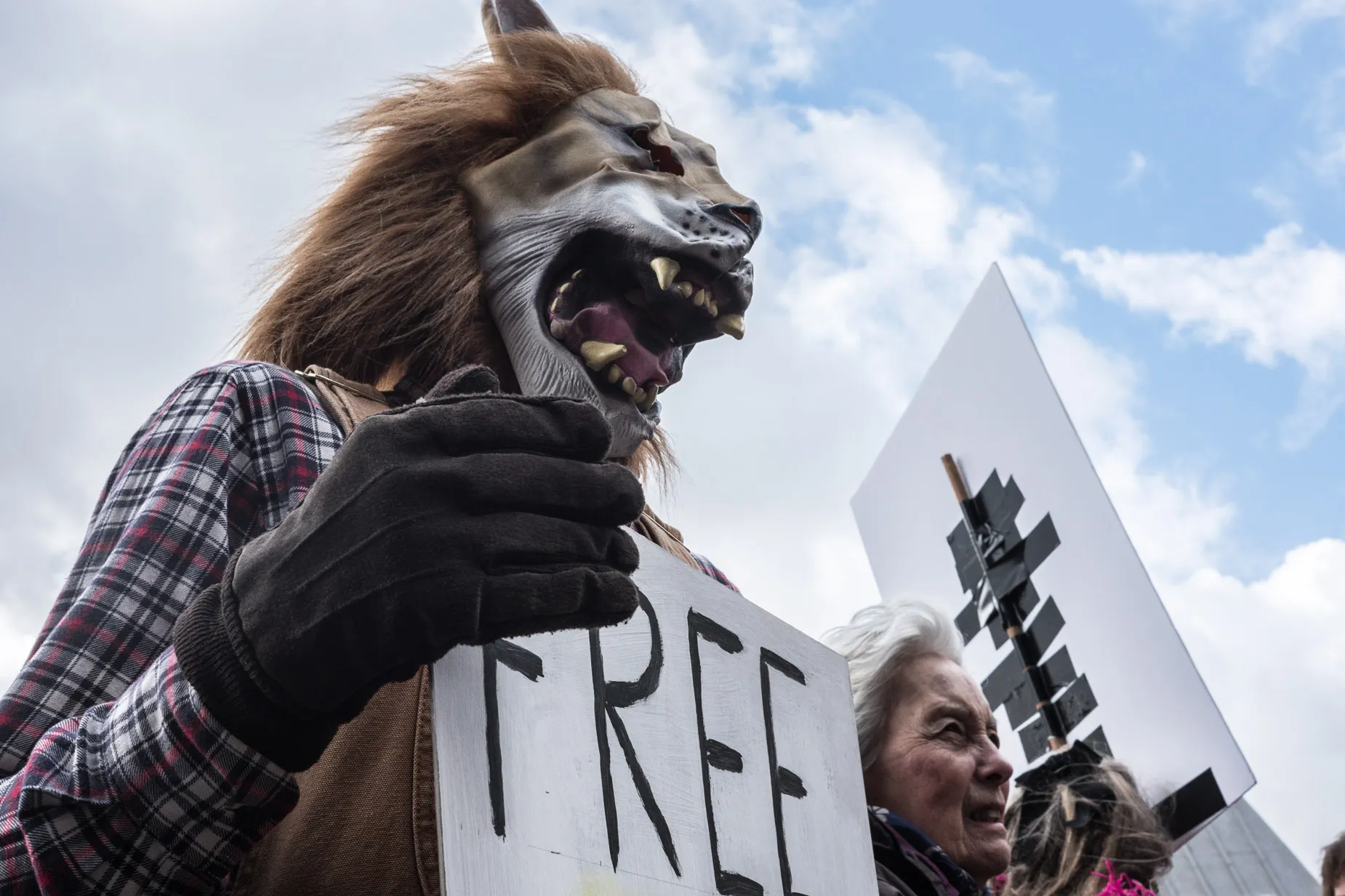 Lion masked activist holds placard with words "free" at March