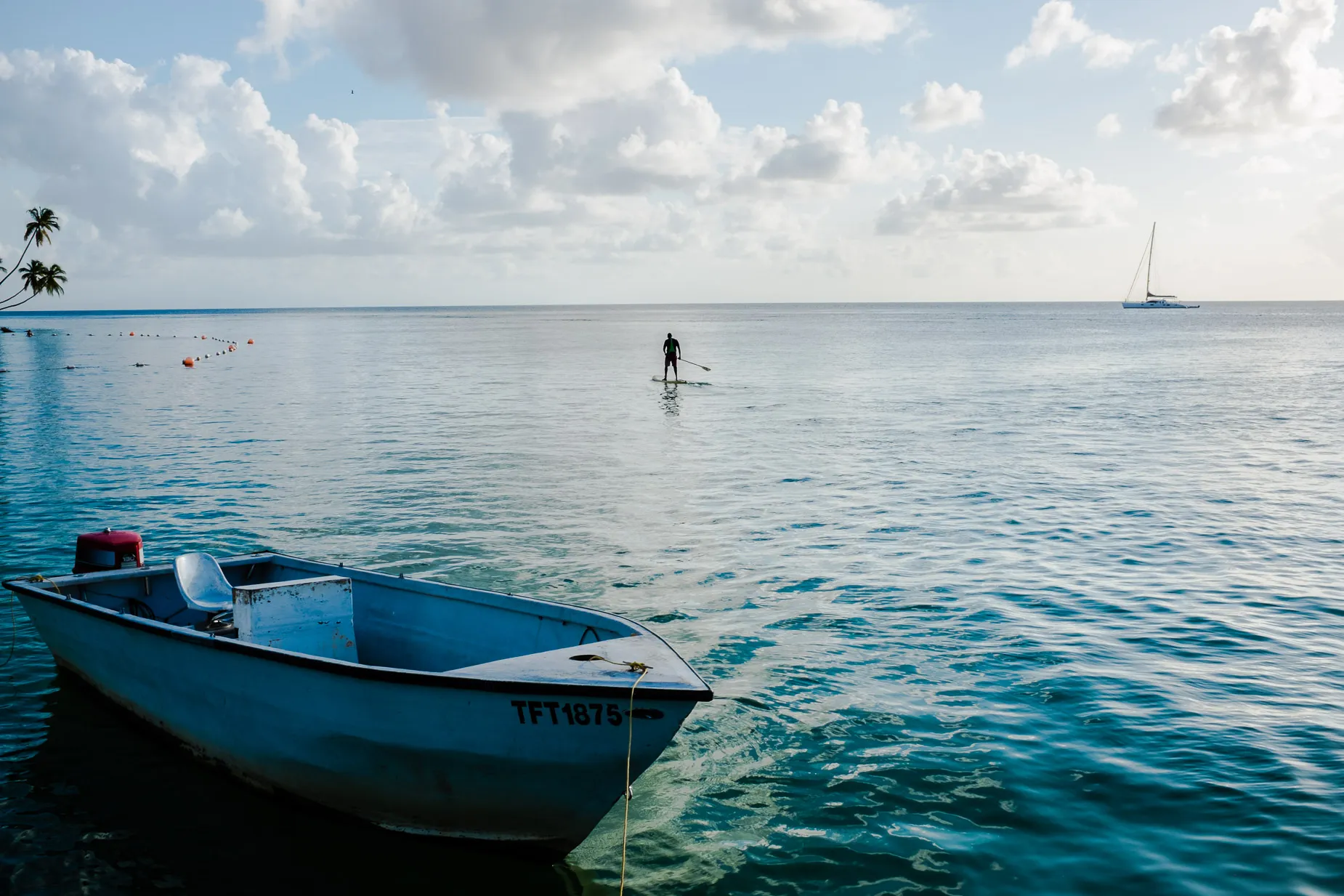 Silhouette of man paddle boarding in Tobago beach scene