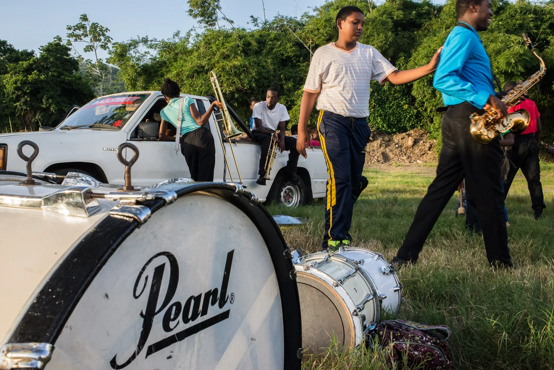 Musicians take a pause during marching band practice Tobago